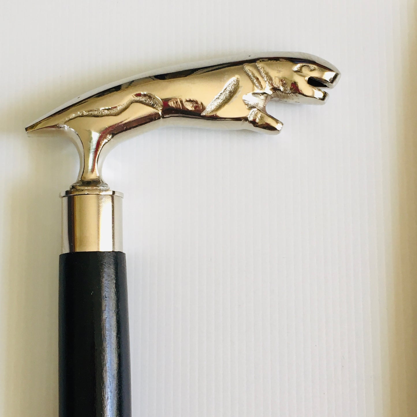 Walking Stick with Solid Brass Jaguar design Handle on lovely brown stick with brass Inlay.