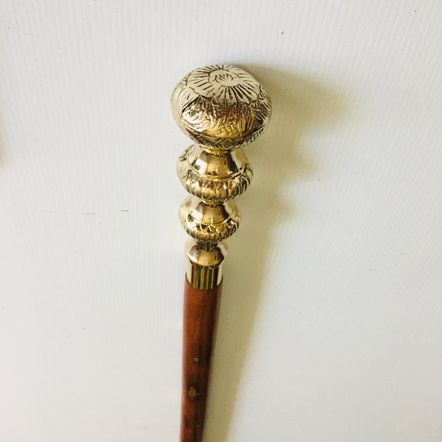 Walking Stick with Solid Brass 3 Tier Handle on Brown Inlaid Stick