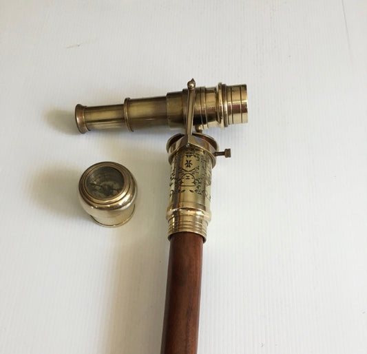 Walking Stick with Hidden Telescope and solid brass compass handle.