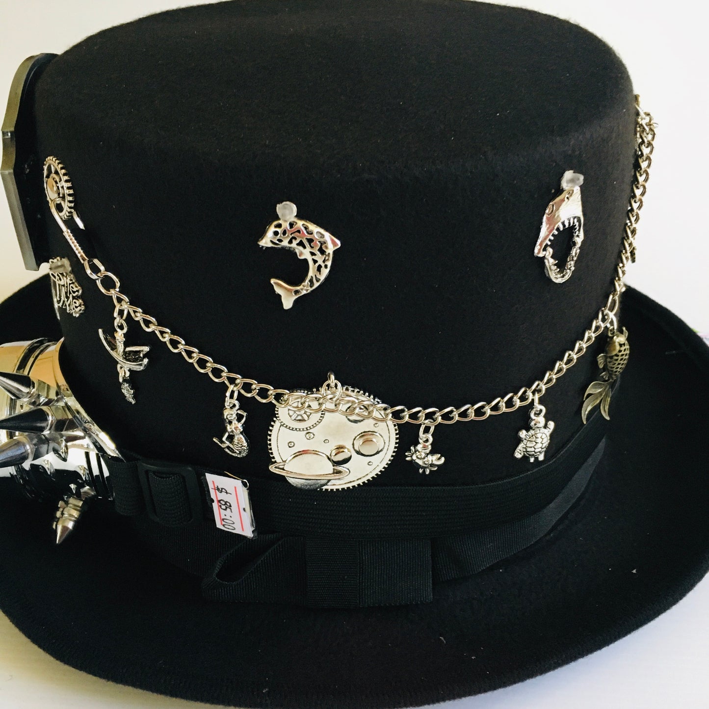 Steampunk Style Top Hat with  Fishing Belt Buckle and silver spiked  goggles (Item #42)