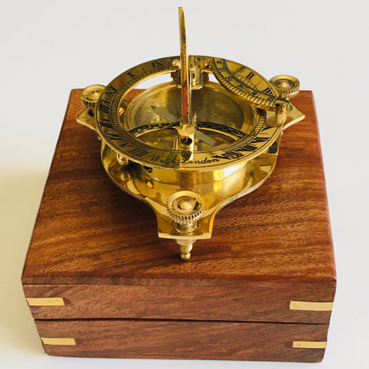 Solid Brass Sundial Compass 3inch with lovely wooden display box