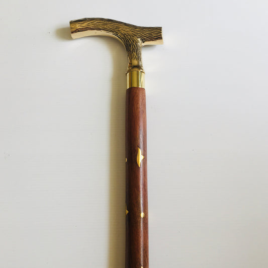 Walking Stick with Solid Brass( deer antler pattern )Handle on Brown inlaid stick