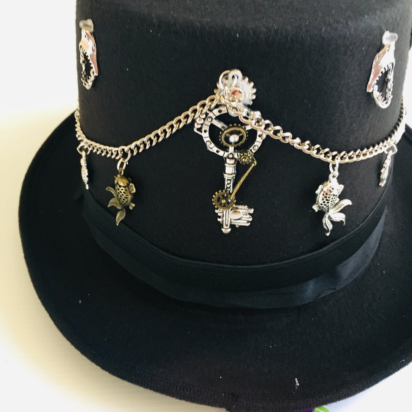 Steampunk Style Top Hat with  Fishing Belt Buckle and silver spiked  goggles (Item #42)