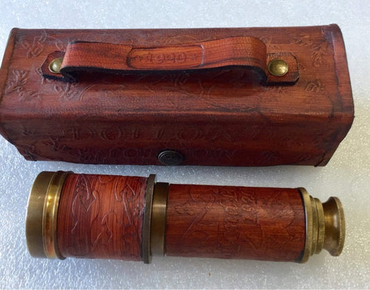 Nautical Telescope Dolland 16" in Red tooled leather with leather box.