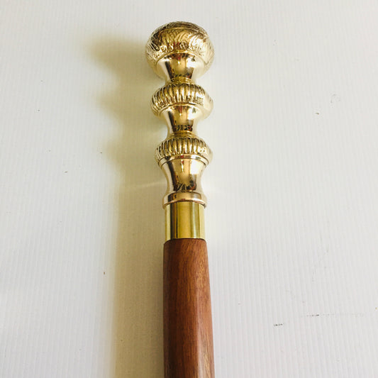 Walking Stick with Solid Brass 3 Tier Handle on Brown Inlaid Stick