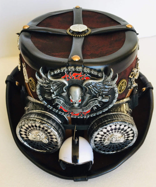Steampunk Leather Look Style Top Hat with Motorcycle Theme and Steampunk goggles  (Item #01)