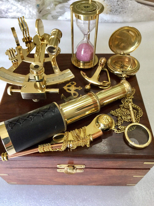 Nautical Lovers Gift Box  6 "( solid shiny brass items with  Lovely Wooden Box