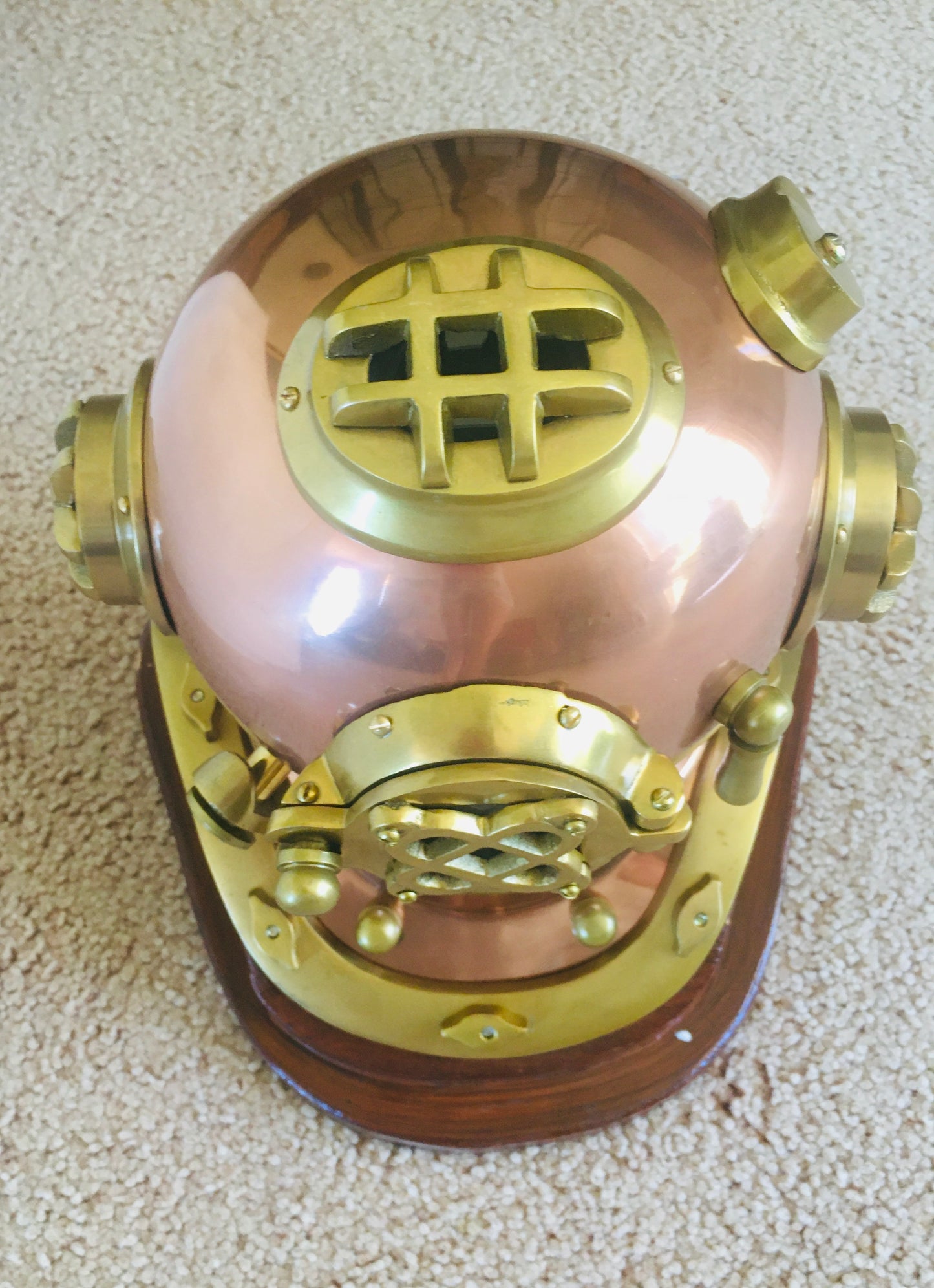12” Divers Helmet on Wooden Stand Replica Item