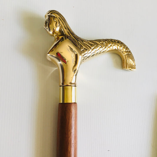 Walking Stick with Solid Brass Mermaid Handle on Brown Inlaid Stick